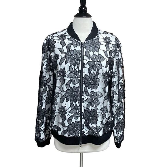 Wendys  Boutique Black & White Lace Bomber Jacket Size 16 NEW - Picture 1 of 11